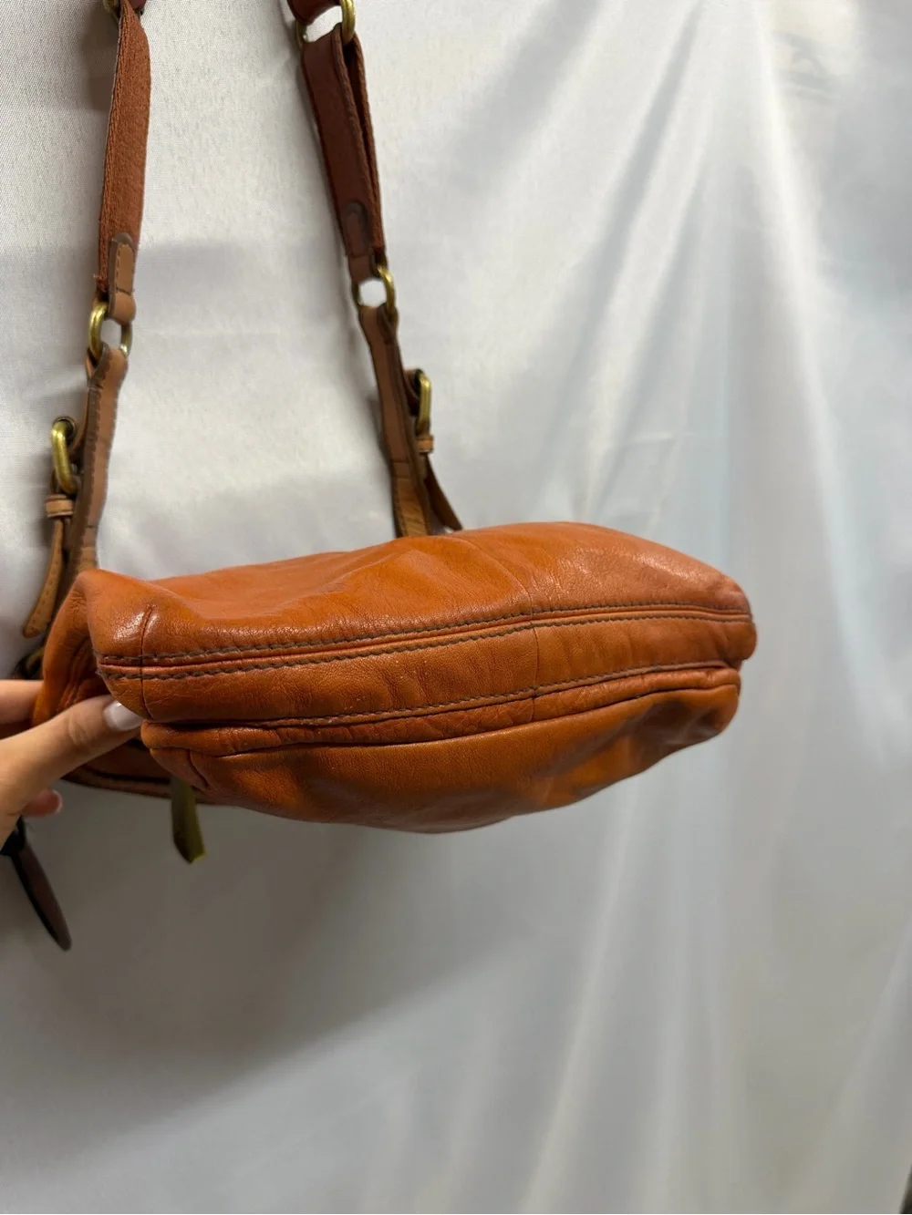 Fossil Explorer Crossbody Bag Orange Cognac Pebbled Leather Brass Vintage
